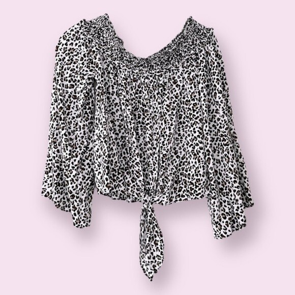 Free People Tops - Free People Cheetah Print Blouse White Black Smocked Tie NWOT Womens Size Small